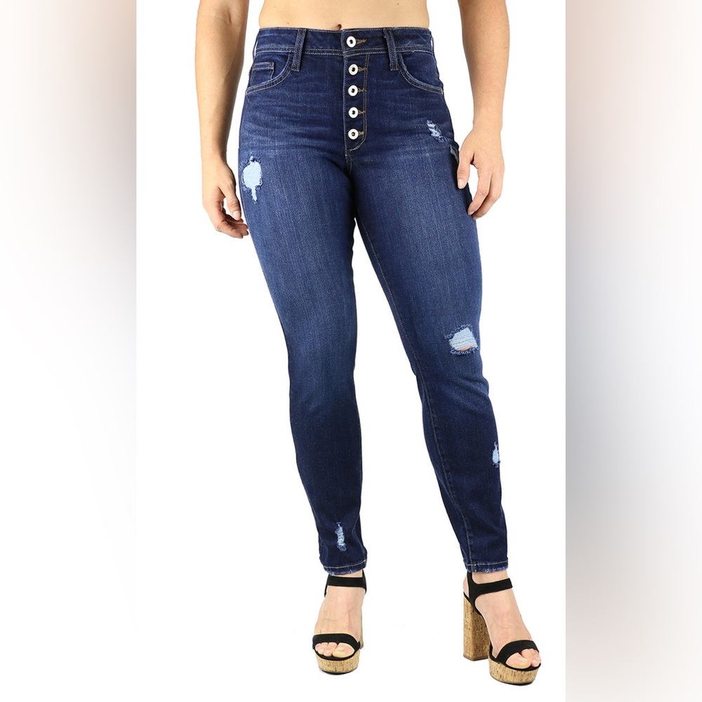 NEW Fran Denim Iris Button Fly Crop Destruction Dark Wash FD1132 Athletic Fit 30